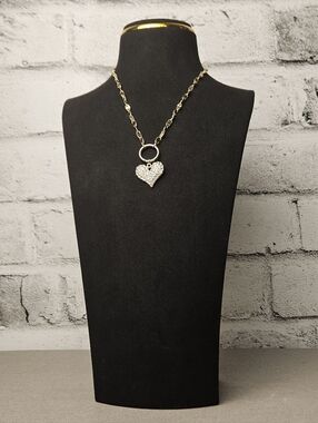 Gold Tone Heart Charm Necklace Crystal Pave Pendant Chunky Chain